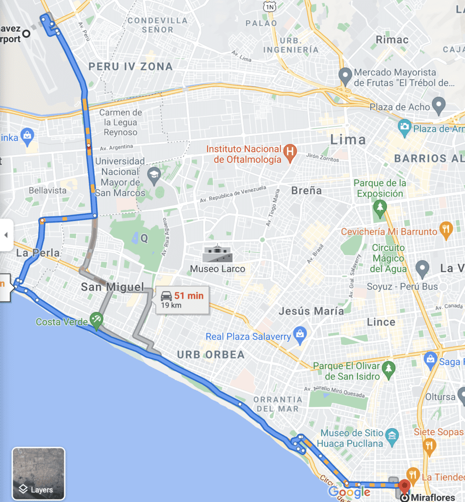 Jorge  Chavez Airport to Miraflores map
